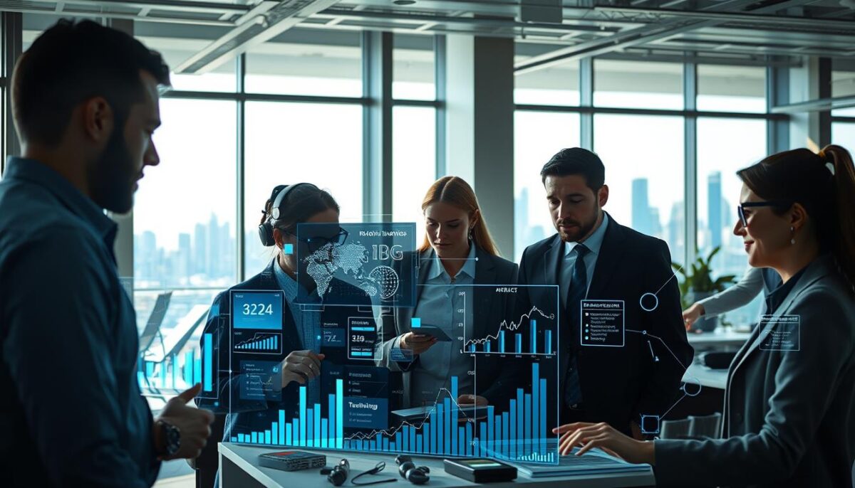 A bustling modern office setting, illuminated by natural light streaming through large windows. In the foreground, a team of data analysts and business strategists pore over holographic displays, analyzing complex charts and graphs. The middle ground showcases a variety of AI-powered technologies, from robotic process automation to predictive analytics software, seamlessly integrated into the workspace. In the background, the skyline of a thriving city skyline is visible, symbolizing the real-world impact of the company's data-driven innovations. The scene conveys a sense of productivity, innovation, and a relentless pursuit of growth through the intelligent application of data.