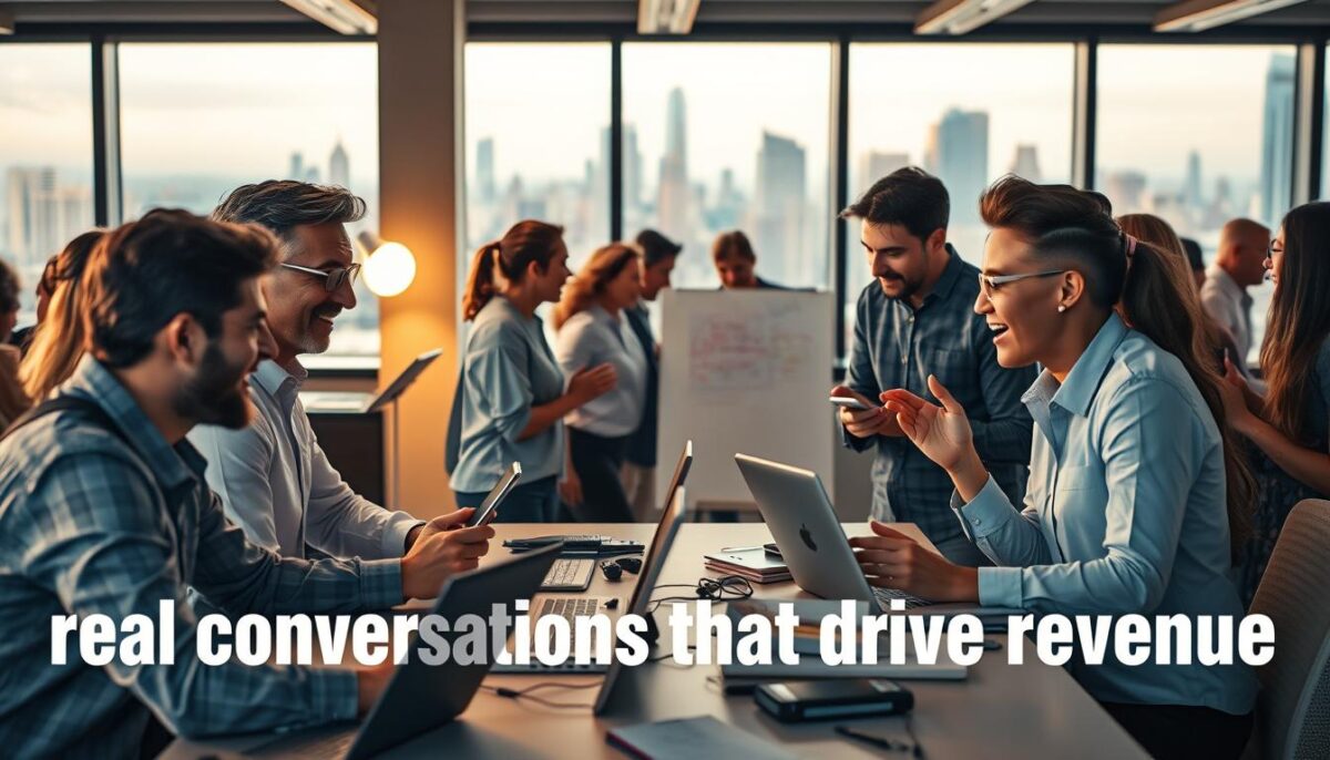 A bustling office scene with a diverse group of professionals engaged in lively discussions, their animated expressions and gestures conveying the energy of real-time conversations. The foreground features a pair of colleagues leaning in, deep in conversation, their laptops and phones scattered on the desk, hinting at the seamless blend of technology and human interaction. In the middle ground, a small team huddles around a whiteboard, brainstorming ideas, their faces lit by the warm glow of task lighting. The background reveals a panoramic view of the city skyline through large windows, creating a sense of depth and a professional, urban environment. The overall mood is one of productivity, collaboration, and the thrill of closing deals, capturing the essence of the "real conversations that drive revenue" within the article's subject matter. A bustling office scene with a diverse group of professionals engaged in lively discussions, their animated expressions and gestures conveying the energy of real-time conversations. The foreground features a pair of colleagues leaning in, deep in conversation, their laptops and phones scattered on the desk, hinting at the seamless blend of technology and human interaction. In the middle ground, a small team huddles around a whiteboard, brainstorming ideas, their faces lit by the warm glow of task lighting. The background reveals a panoramic view of the city skyline through large windows, creating a sense of depth and a professional, urban environment. The overall mood is one of productivity, collaboration, and the thrill of closing deals, capturing the essence of the "real conversations that drive revenue" within the article's subject matter.
