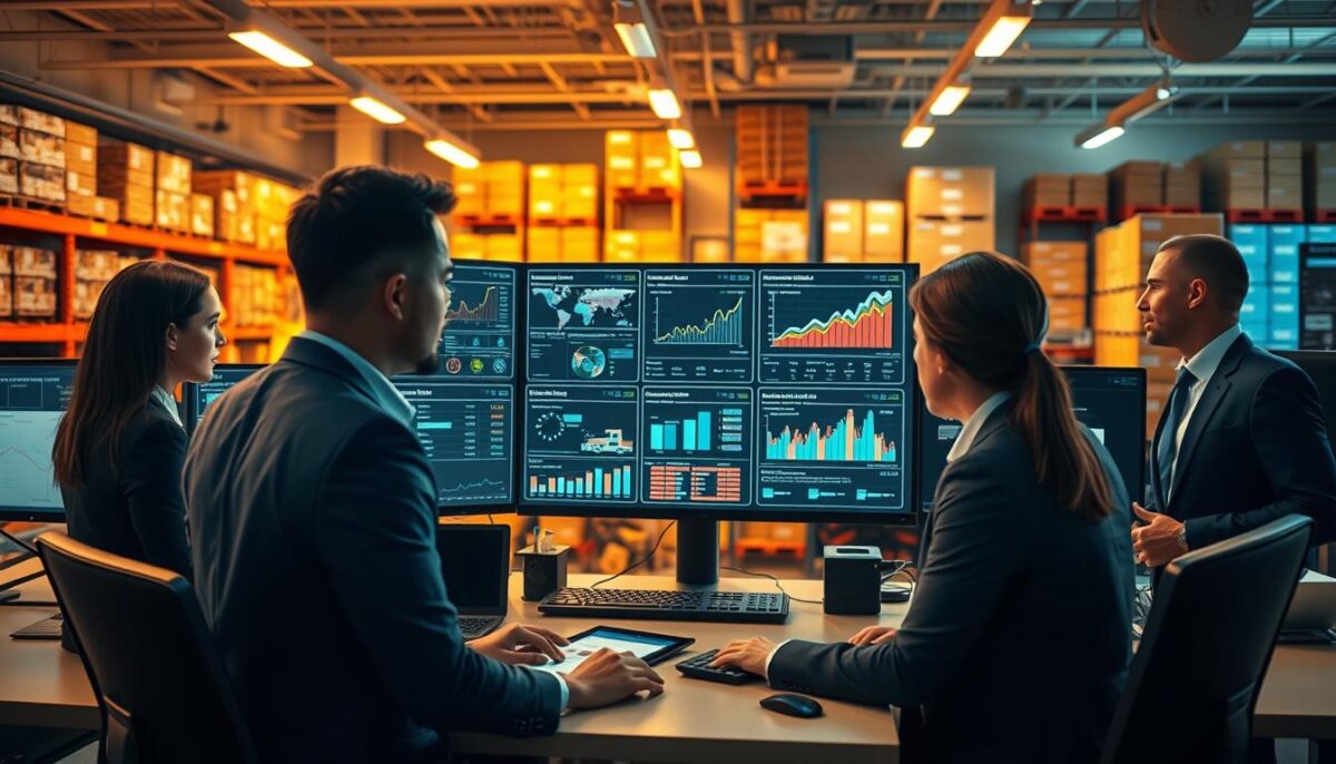 A bustling office setting, with a team of inventory agents diligently monitoring a comprehensive dashboard displaying real-time data on supply chain logistics. The agents, dressed in smart, professional attire, are intently focused on their screens, analyzing inventory levels, shipment tracking, and forecasting trends. Warm, indirect lighting illuminates the scene, creating a productive and collaborative atmosphere. In the background, shelves and storage units filled with neatly organized products suggest the efficient management of the business's inventory. The overall composition conveys the importance of leveraging technology and skilled personnel to optimize operations and drive growth.