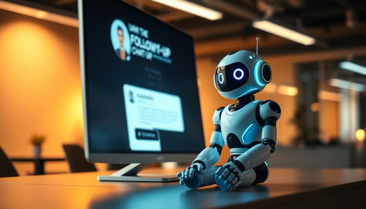 A follow-up chatbot sitting attentively on a sleek, minimalist desk, its digital avatar projected onto a large curved display. The bot's expression conveys a sense of eagerness and responsiveness, ready to engage in continuous email and chat conversations to nurture leads without human intervention. Warm, ambient lighting illuminates the scene, creating a welcoming and professional atmosphere. The camera angle captures the chatbot from a low, eye-level perspective, emphasizing its attentive and ever-present nature. The background features a subtly blurred office environment, hinting at the bot's integration into a productive workspace.