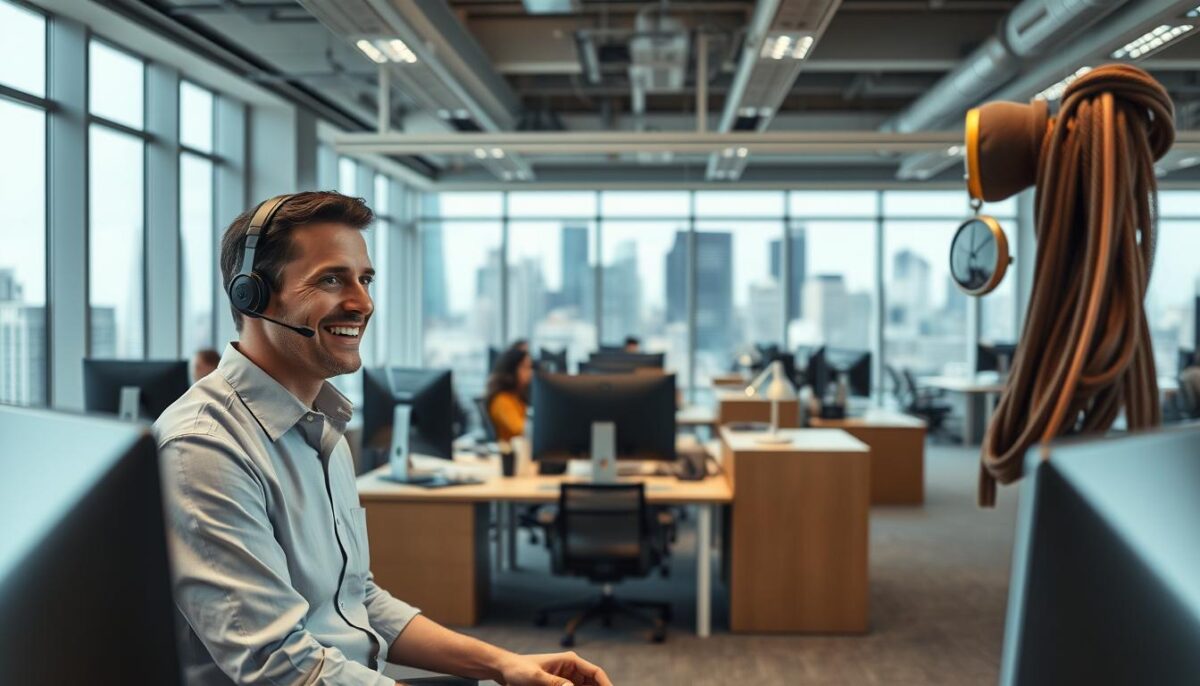 A modern, well-lit open-plan office with sleek, minimalist furniture and decor. In the foreground, a customer service agent in a crisp button-down shirt and headset is intently focused on their computer screen, offering friendly, attentive assistance. In the middle ground, several other agents are working diligently at their desks, creating an atmosphere of efficient productivity. The background features large windows overlooking a bustling city skyline, conveying a sense of professionalism and connectivity. The overall mood is one of streamlined, tech-savvy customer support, ready to deliver swift, personalized solutions.