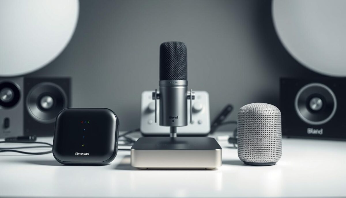 A neatly organized collection of AI-powered voice tools sits atop a clean, minimalist workspace. In the foreground, the sleek, metallic bodies of ElevenLabs and Deepgram devices command attention, their LED indicators pulsing softly. Behind them, the open-source Whisper microphone and the discreet Bland control panel blend seamlessly into the muted, monochromatic backdrop, creating a harmonious technological tableau. Soft, diffused lighting from above casts a professional, clinical glow, while the shallow depth of field highlights the precision and purpose of these cutting-edge voice solutions. A neatly organized collection of AI-powered voice tools sits atop a clean, minimalist workspace. In the foreground, the sleek, metallic bodies of ElevenLabs and Deepgram devices command attention, their LED indicators pulsing softly. Behind them, the open-source Whisper microphone and the discreet Bland control panel blend seamlessly into the muted, monochromatic backdrop, creating a harmonious technological tableau. Soft, diffused lighting from above casts a professional, clinical glow, while the shallow depth of field highlights the precision and purpose of these cutting-edge voice solutions.
