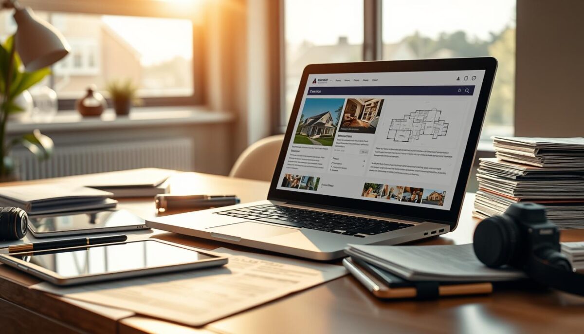 A professional real estate agent's desk, bathed in warm, natural light from a large window. On the desktop, a laptop displays a detailed property listing, with high-resolution photos, floor plans, and meticulously crafted descriptions highlighting the home's features. Surrounding the laptop are various tools of the trade - a tablet, a high-quality camera, and a stack of well-organized documents. The overall scene conveys a sense of efficiency, attention to detail, and a dedication to providing potential buyers with comprehensive and compelling information about the listed property.