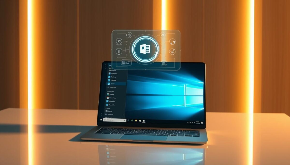 A sleek and modern Microsoft Copilot AI assistant, seamlessly integrated into the Windows desktop environment. The Copilot appears as a dynamic holographic interface, hovering above a minimalist Microsoft 365 application window. Warm lighting illuminates the scene, casting subtle reflections on the clean, glass-like surfaces. The Copilot's intuitive controls and responsive gestures convey its advanced capabilities, ready to assist with a wide range of productivity tasks. The overall impression is one of effortless efficiency, where human and machine work in perfect harmony.