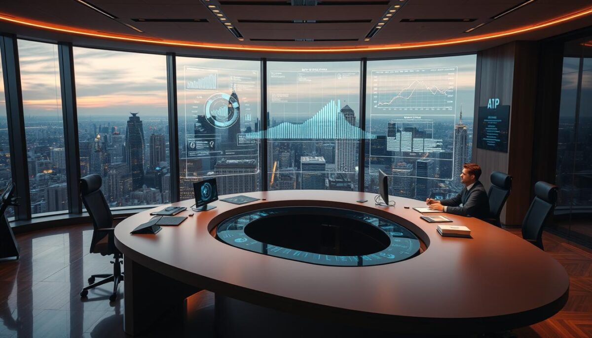 A sleek, modern office interior with a large curved desk, a holographic display projecting intricate real estate data visualizations, and a voice-controlled AI assistant offering insights and recommendations to a team of realtors. The space is bathed in warm, ambient lighting, creating a professional and productive atmosphere. The desk is adorned with tactile control panels and digital screens, seamlessly integrating cutting-edge CRM technology. In the background, floor-to-ceiling windows offer a panoramic view of a bustling urban skyline, hinting at the high-level deals being negotiated within this AI-powered real estate command center.
