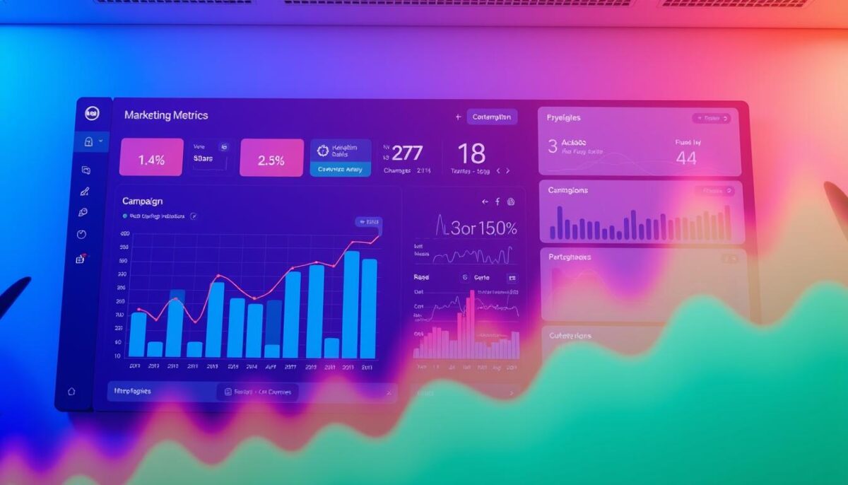 A vibrant dashboard display with a sleek, modern interface showcasing real-time marketing metrics and campaign performance data. The foreground features a large, high-resolution graph charting the growth of key performance indicators, with smoothly animated visualization elements. The midground depicts a set of interactive widgets and toggles, allowing the user to customize the displayed data and drill down into specific insights. In the background, a minimalist layout with clean typography and strategic use of negative space creates a calm, professional atmosphere, complemented by a soft, indirect lighting scheme that enhances the clarity of the information. The overall scene conveys a sense of data-driven decision making and data-informed marketing optimization.