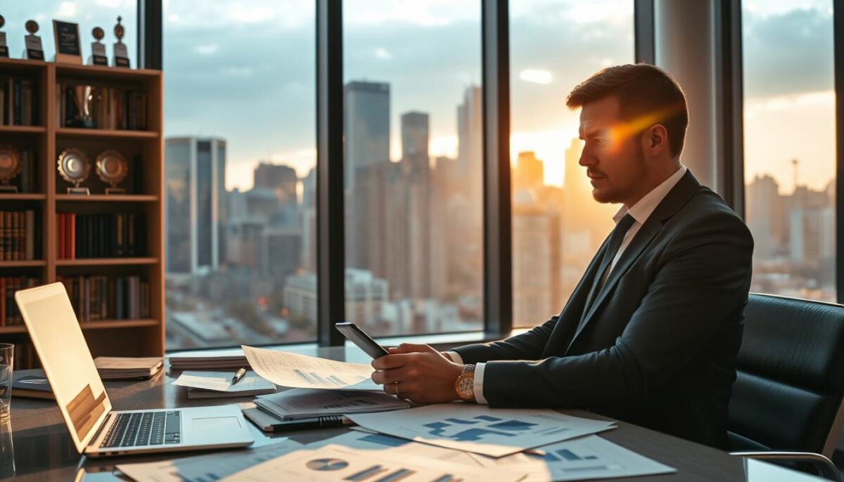 A well-lit office interior, desk with a laptop, smartphone, and various business planning documents. In the foreground, a person in a suit studying charts and graphs, their expression thoughtful. Behind them, a large window overlooking a bustling city skyline, bathed in warm, golden afternoon light. Shelves with books and awards lining the walls, conveying a sense of expertise and success. The overall atmosphere is one of focus, productivity, and strategic business planning.